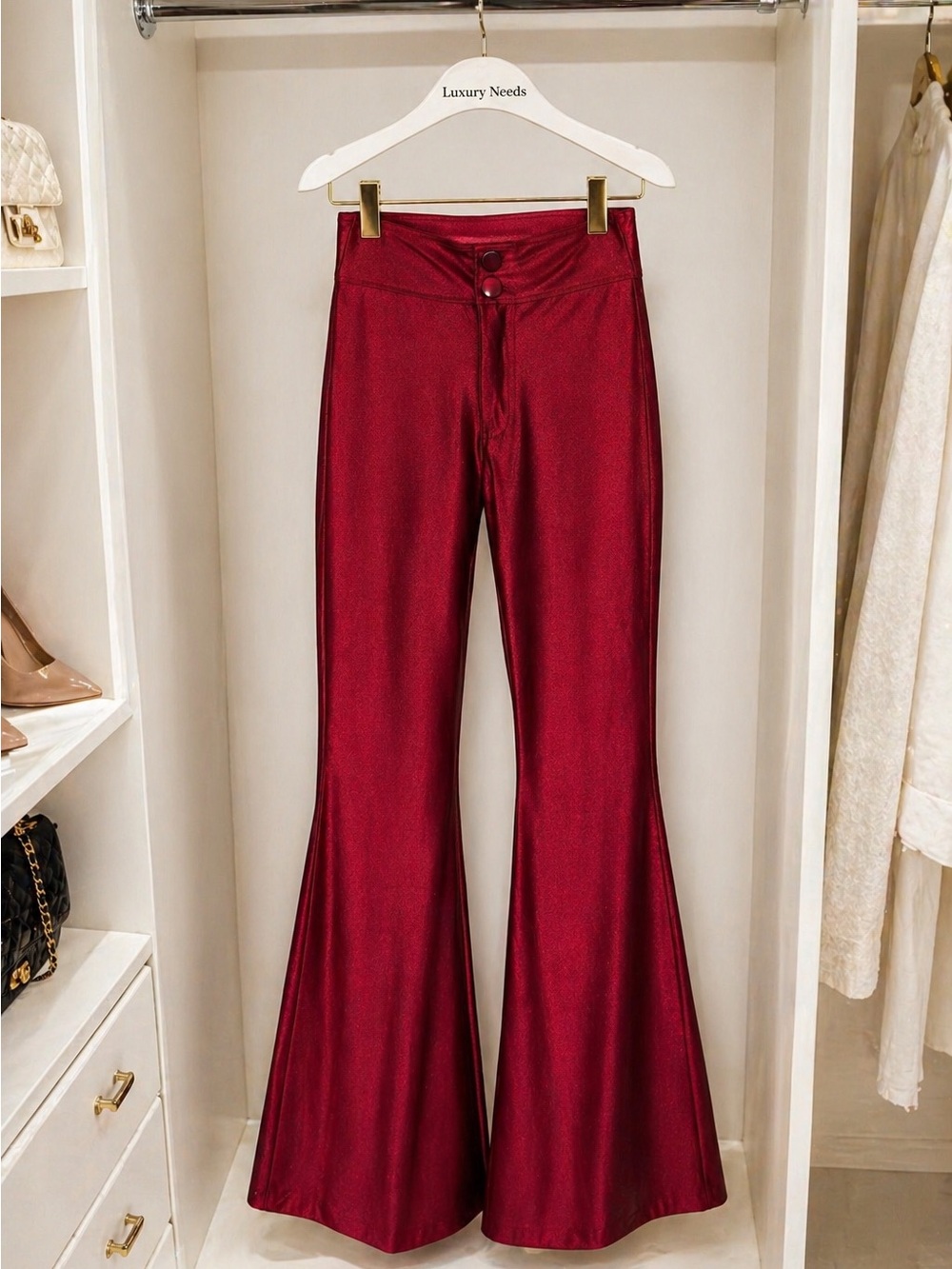 Elegant Red Flared Satin Stretch Pants With Pockets